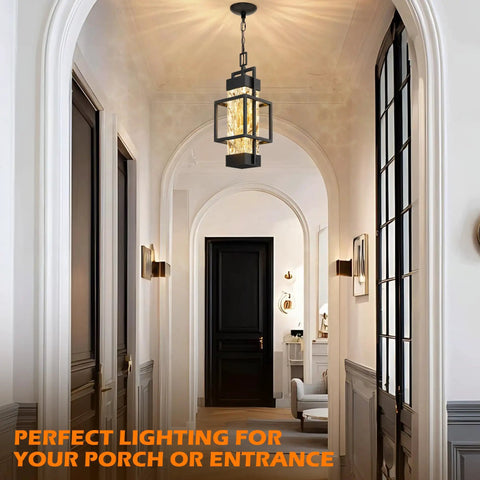 Built Like A Tank Modern Pendant Ceiling Light For Indoors Or Outdoors, Totally Waterproof Black Aluminum Porch Lantern featuring textured water ripple glass hanging in a hallway.