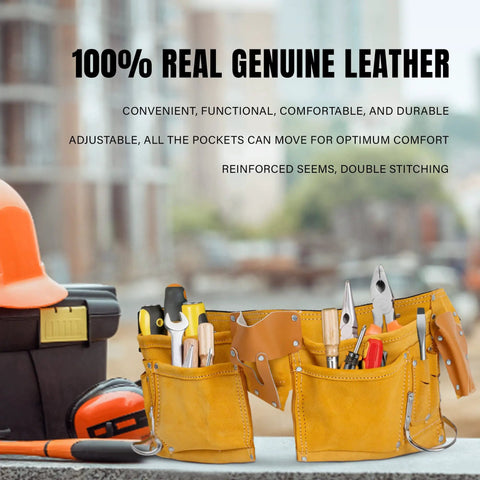 Premium Leather Tool Belt For Men Heavy Duty Adjustable Carpenter Belt Fits 33-48 Inch Waist with tools, on construction site.