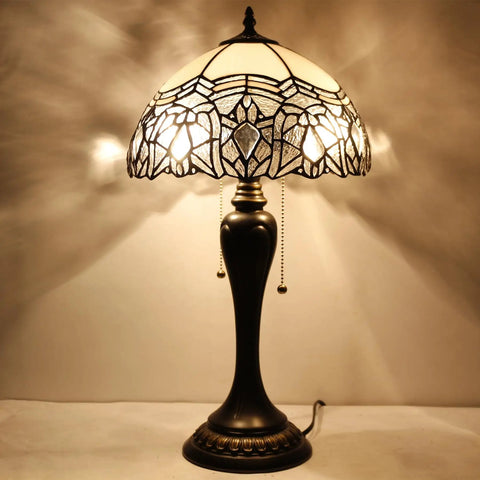 Tiffany Style Table Lamp With White Bent Stained Glass Crystal Shade, 12x12x22 Inches, UL Listed Bedside Desk Reading Light