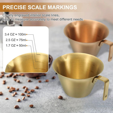 2 Pack Stainless Steel Espresso Measuring Cups With Handle, V Shaped Mouth, Spout, And Scale, 3.4 Oz 100 Ml, Gold Finish