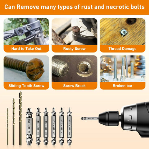 Damaged Screw Extractor Kit Must Have for Stripped Rusty Screws 9 Piece Set From ACIRNS displayed with drills and extractors