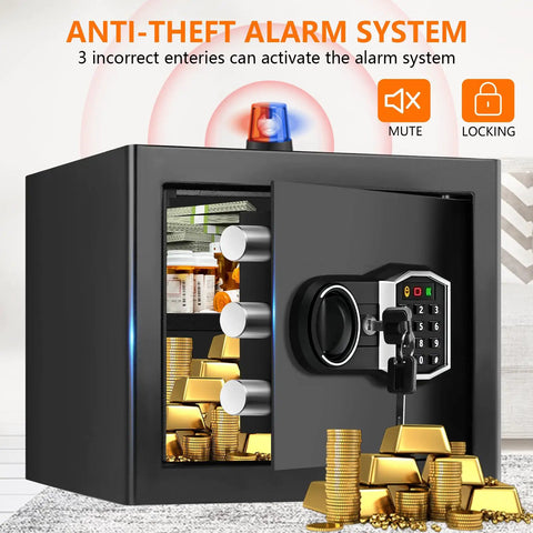 Compact Home Fireproof Safe With Programmable Keypad And Alarm Waterproof Security Box For Documents Money And Medicine open with gold bars