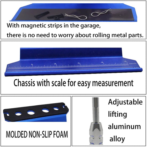 All In One RC Car Repair Stand Kit With 360 Degree Rotation 523 Piece Screw Set shown with scale, magnetic strips, and aluminum parts