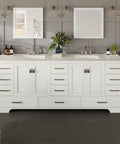 Straight Fire Premium 84 Inch Freestanding Double Sink White Bathroom Vanity With Solid Wood Build And Sleek Carrara Quartz Countertop in modern bathroom.