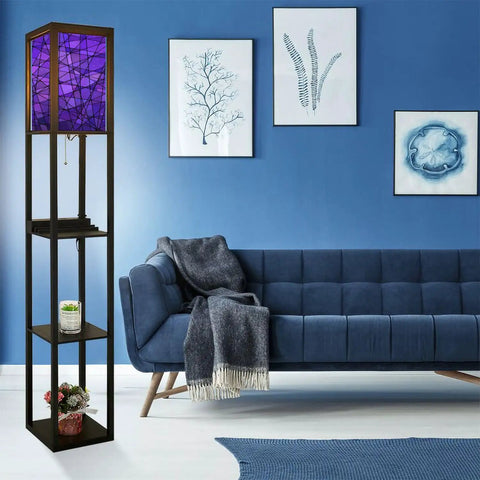Three In One Floor Lamp With Shelves And USB Ports Power Outlet, Linen Fabric Shade, Corner Standing Light For Living Room, Abstract Stained Glass Mosaic Purple Violet Design, 63 Inch Tall, Space Saving, Eye Friendly Diffused Glow in modern living room.