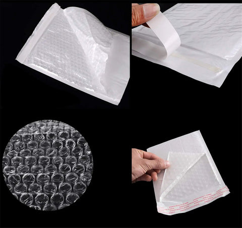 Close-up of 25 Pack White 4x6 Bubble Lined Mailers Self Seal Padded Shipping Envelopes, showing bubble lining and adhesive seal.