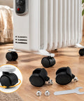 RuiJOTWAT 2Pcs Caster Wheels for Oil-Filled Radiators with brakes beside a heater, showcasing swivel feature and accessories.