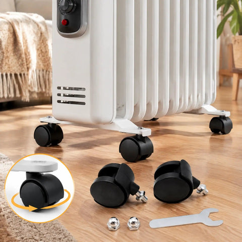RuiJOTWAT 2Pcs Caster Wheels for Oil-Filled Radiators with brakes beside a heater, showcasing swivel feature and accessories.