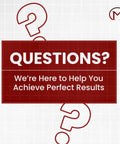 Graphic with the text 'QUESTIONS?' and assistance offer, featuring question marks on a background.