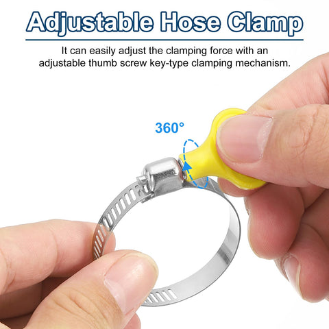 Hands adjusting Beefy Stainless Steel Hose Clamps With Worm Gear And Thumb Screw, 27 To 51 mm Range, 8 mm Bandwidth.