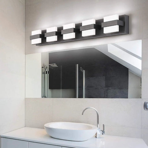 Sleek Black 5 Light Vanity Bar Over Mirror LED Bathroom Light 34 Inch Dimmable White Glow Modern Bath Fixture Easy 15 Minute Install Hardwired With USA Back Plate Ideal For Contemporary Vanities