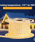82Ft Dimmable LED Rope Lights With Double Row Lit Warm White 3000K Cold Weather Ready Outdoor IP65 Waterproof on reel in front of house
