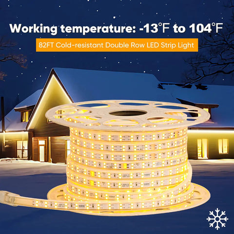 82Ft Dimmable LED Rope Lights With Double Row Lit Warm White 3000K Cold Weather Ready Outdoor IP65 Waterproof on reel in front of house