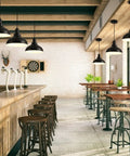 Industrial Black Pendant Lights For Hallway And Kitchen Island Farmhouse Style Hanging Light Fixture with Metal Shade over bar area