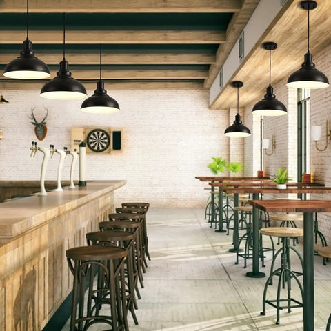 Industrial Black Pendant Lights For Hallway And Kitchen Island Farmhouse Style Hanging Light Fixture with Metal Shade over bar area