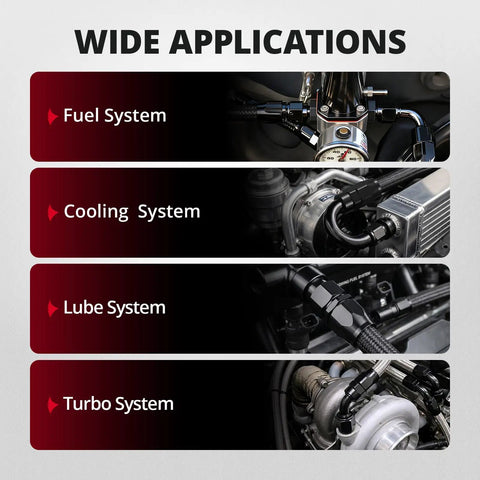 6AN Hose End Fitting Kit Straight 45 Degree And 90 Degree Swivel For CPE Braided Hose Aluminum 6061T6 Anodized Black High Flow 1500 PSI Max Working Pressure for fuel, cooling, lube, and turbo systems
