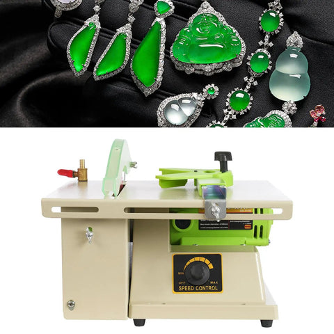 Beast 1380W Mini Table Saw And Jewelry Polisher with Speed Control and Jade Jewelry Displayed Above