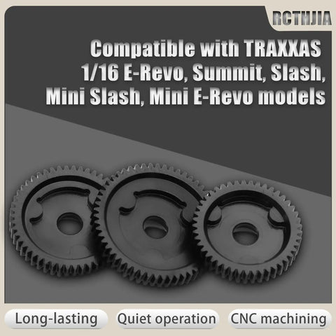 Traxxas 48P 50T Hardened 45 Steel Spur Gear Upgrade Beefed Up for One Sixteenth E Revo VXL Summit Slash Mini E Revo and Mini Slash High Precision Durable Drop In Fit, shown with three black steel gears