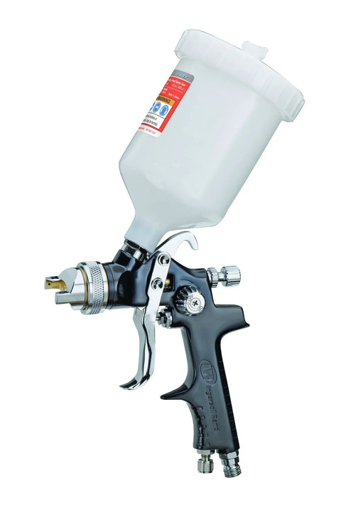 Heavy Duty Gravity Feed Spray Gun With Adjustable Air Regulator And Non Drip Cup, 20 oz cup, designed for detail work.