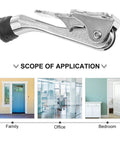 Heavy Duty Zinc Alloy Kickdown Door Stopper With Rubber Tip And Floor Grip Adjustable Drop Door Holder For No Slam Propping Open Doors In Silver Finish For Home And Office shown with application options.