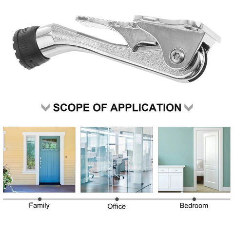 Heavy Duty Zinc Alloy Kickdown Door Stopper With Rubber Tip And Floor Grip Adjustable Drop Door Holder For No Slam Propping Open Doors In Silver Finish For Home And Office shown with application options.
