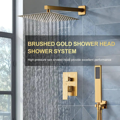 Premium Brushed Gold Shower System With Slick 10 Inch Rainfall Head And Wall Mount Faucet Kit Designed For Bullseye USA Plumbing Fit And Offers A Legit Heavy Duty Vibe