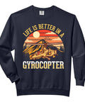 Life Is Better In A Gyrocopter Autogyro Sweatshirt, black, cotton, featuring a gyrocopter graphic with sunset background