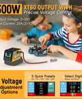 Children using Heavy Duty 300W Adjustable DC Voltage Regulator with XT60 Output, showing presets and voltage options.