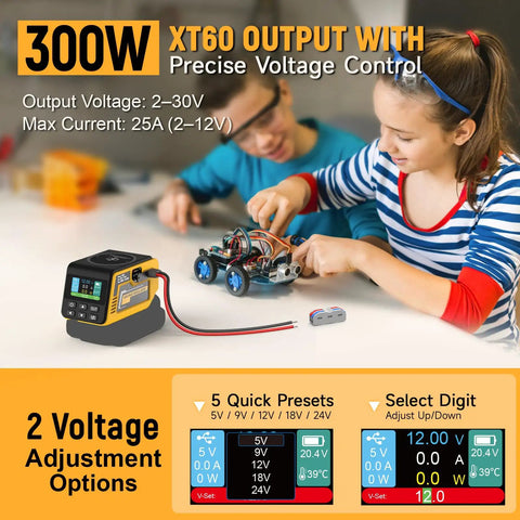 Children using Heavy Duty 300W Adjustable DC Voltage Regulator with XT60 Output, showing presets and voltage options.