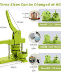 DIY Button Badge Maker Kit 3 In 1 Press With 1 Inch, 1.25 Inch, And 2.25 Inch Molds displaying green press and mold sizes.