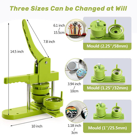 DIY Button Badge Maker Kit 3 In 1 Press With 1 Inch, 1.25 Inch, And 2.25 Inch Molds displaying green press and mold sizes.