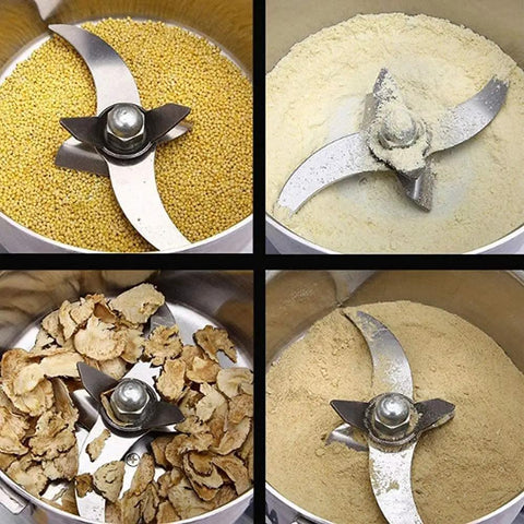 Electric Grain Mill Grinder In Stainless Steel 304 With Auto Time Switch showing grinding of various grains and dry goods