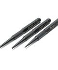 Pro Grade 3 Piece 5 Inch Steel Punch Set With Black Oxide Finish, Laser Etched Size Markings 1/32 2/32 3/32 Inch, Knurled Handles For A Firm Grip