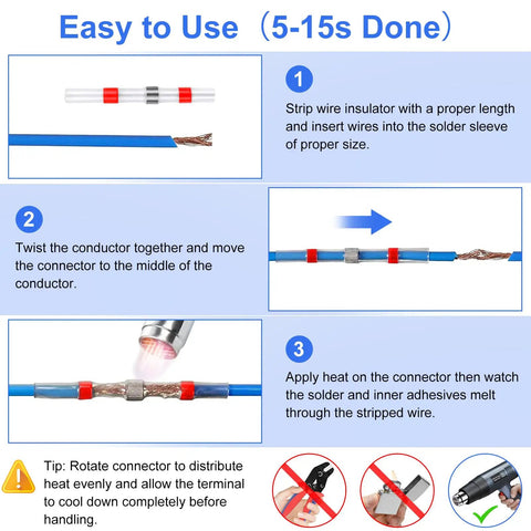 Instructional steps for using Solder Seal Wire Connectors Set 430 Pieces Heat Shrink Butt Connectors Waterproof Anticorrosion