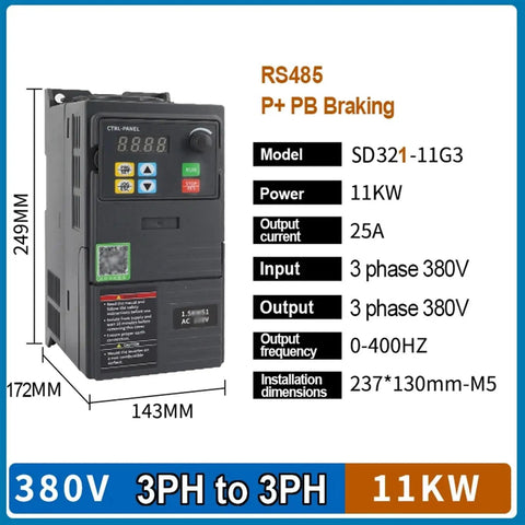 11KW 380V VFD Three Phase To Three Phase Variable Frequency Drive Inverter With RS485 Port P Plus PB Terminal Control And Vector Motor Speed Controller For Heavy Duty Industrial Machinery And Power Tools, 249mm