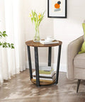 Round Side End Table Featuring Two Tier Storage Shelf No Sweat Assembly Nightstand For Cramped Rooms Super Sleek Bedside Accent Table In Rustic Brown And Ink Black For Living Space Or Bedroom Decor Total Haul with books and vase on top.