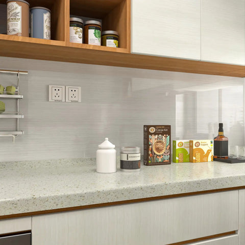 Kitchen counter with stainless steel look self adhesive contact paper peel and stick vinyl wrap for fridges and appliances.