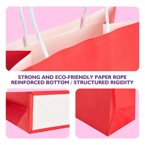 Close-up of red gift bag from 32 Pack Small Gift Bags With Handles Colorful Party Favor Bags 5.8 By 3.2 By 8.25 Inches Bulk.