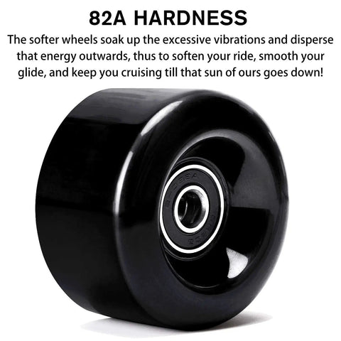 Close-up of single black 58mm 82A hardness quad roller skating wheel with ABEC 9 bearing, Eight Pack 58mm By 32mm Quad Roller Skating Wheels 82A Outdoor PU Wear Resistant Double Row Replacements With ABEC 9 Bearings And Spacers For Fast Rolling.