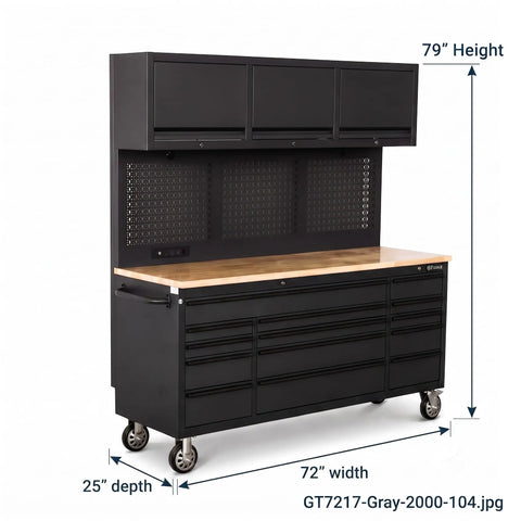 Massive Black Steel Rolling Tool Chest With 14 Deep Drawers And Full Extension Pegboard Back Panel, 79" height, 72" width.