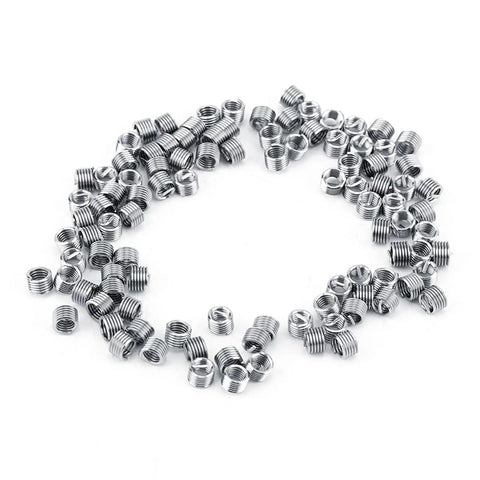 Super Cool M4 Helicoil Inserts That Totally Fix Stripped Threads In Aluminum And Soft Metals Like A Boss With Heavy Duty 100 Piece Stainless Steel 304 Thread Repair Kit For Any Tough Project You Got, showing multiple threaded coil inserts.