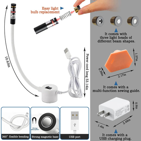 3 In 1 USB Magnetic Quilting Light With Laser Seam Guide For Sewing Machines Plug And Play Adjustable Red Point - Flexible Arm and USB.