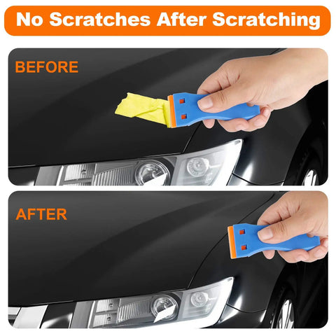Plastic Razor Blade Scraper Set With 2 Scrapers And 60 Replacement Blades Easy Grip Ergonomic Handle showing no scratches on car