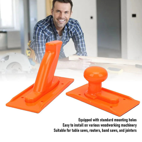 Ergonomic Woodworking Push Block With Textured Grip And Guiding Structure For Table Saws And Planers Orange ABS Handle Pro Grade Design With Two Handy Handle Options For Less Fatigue And More Precision, showing two orange push block handle designs on a table.