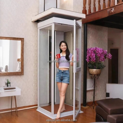 Through Ceiling Compact Home Elevator Shaftless Design For Space Saving Living With Zero Wall Damage Heritage Approved, Customizable Configurations For Homes Farms And Land Projects, Easy Install And Quiet Deck Lift For Modern Homes, glass shaftless lift in a living room