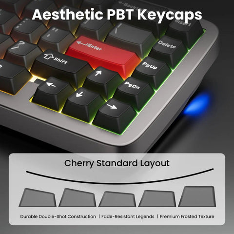 Built Like A Tank Wired 60 Percent Mechanical Gaming Keyboard With Cnc Aluminum Case Gasket Mount Hot Swappable Switches Rich Rgb Lighting And Durable Double Shot Pbt Keycaps showing aesthetic PBT keycaps in a Cherry standard layout.