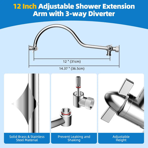 All Metal 12 Inch Brass Shower Arm Extension With 3 Way Diverter Valve G One Half Chrome Universal Shower System Replacement Part Durable Leak Proof Anti Corrosion Extender diagram