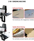 Electric Rapid Stapler For Book Binding With Foot Pedal Switch, Heavy Duty Saddle Stitch Binder showing softcover and saddle binding