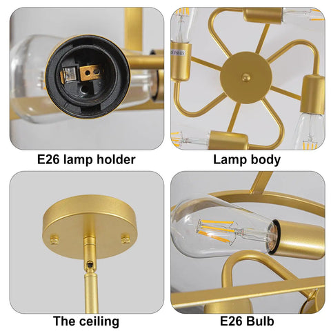 Close-up of gold 4 light modern chandelier pendant hanging light fixture showing E26 lamp holder, bulb, ceiling mount.