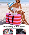 Woman at beach with 54L Beach Bag With Detachable Cooler, waterproof and sandproof, pink with dry and wet zones, fits 4-6 towels.